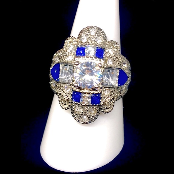 Art Deco Beautiful Vintage Style Blue & White Sapphire Stamped Ring - Picture 1 of 8